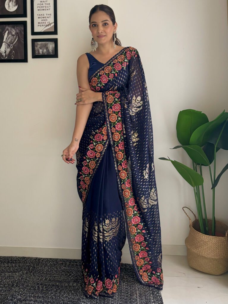 Timeless Navy Blue Georgette Sequins Saree - Georgette Saree