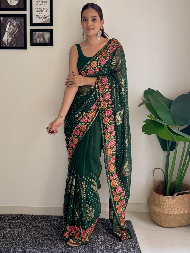 Heritage Green Georgette Sequins Saree - Georgette Saree