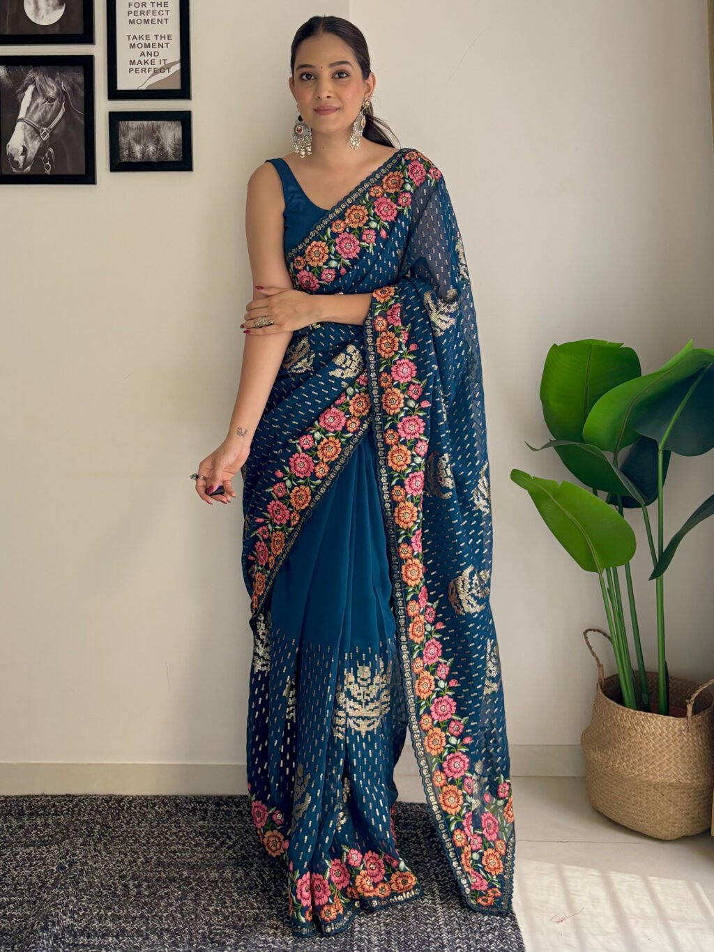 Radiant Teal Blue Georgette Sequins Saree - Georgette Saree
