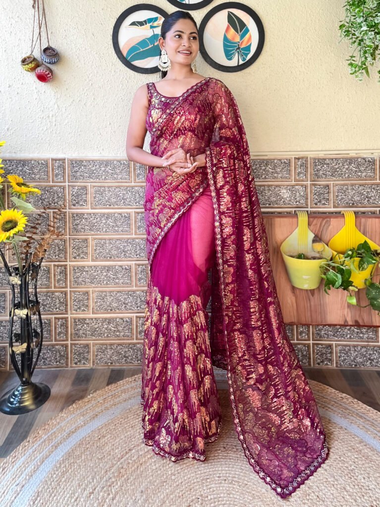 Elegant Magenta Designer Zari Woven Saree - Net Saree