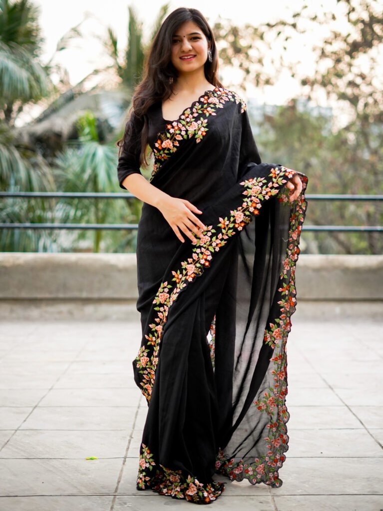 Partywear Black Designer Georgette Saree - Sarees