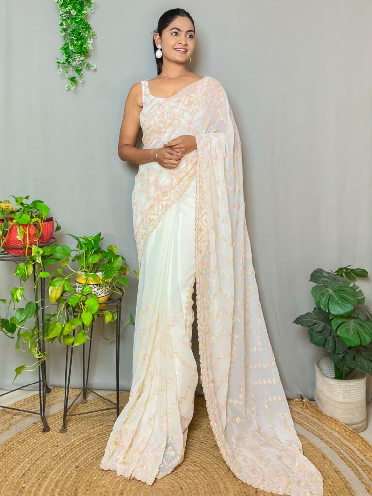 Cream Designer Georgette Sequins Saree - Georgette Saree