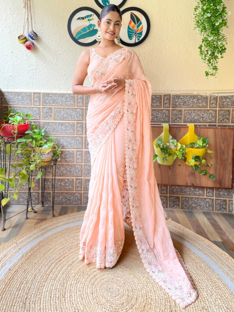 Designer Peach Georgette Sequins Saree - Georgette Saree