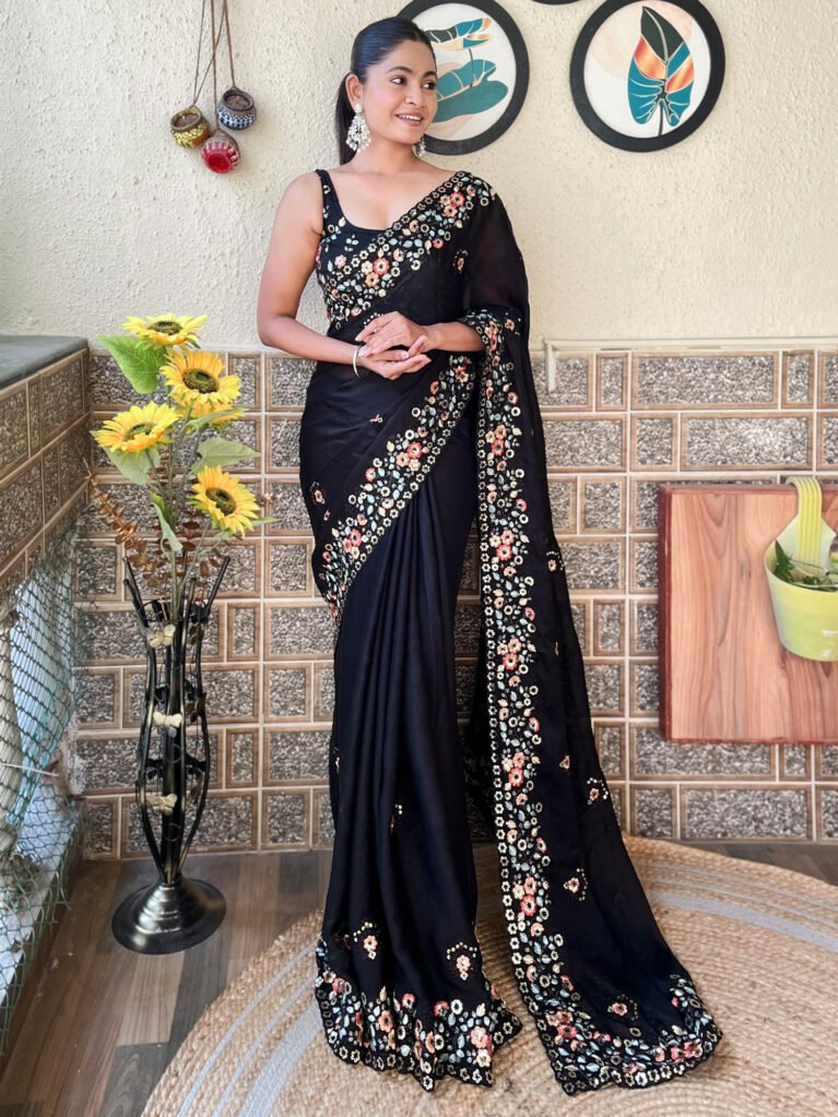 Exquisite Black Sheer Chiffon Lightweight Weave Saree - Chiffon Saree