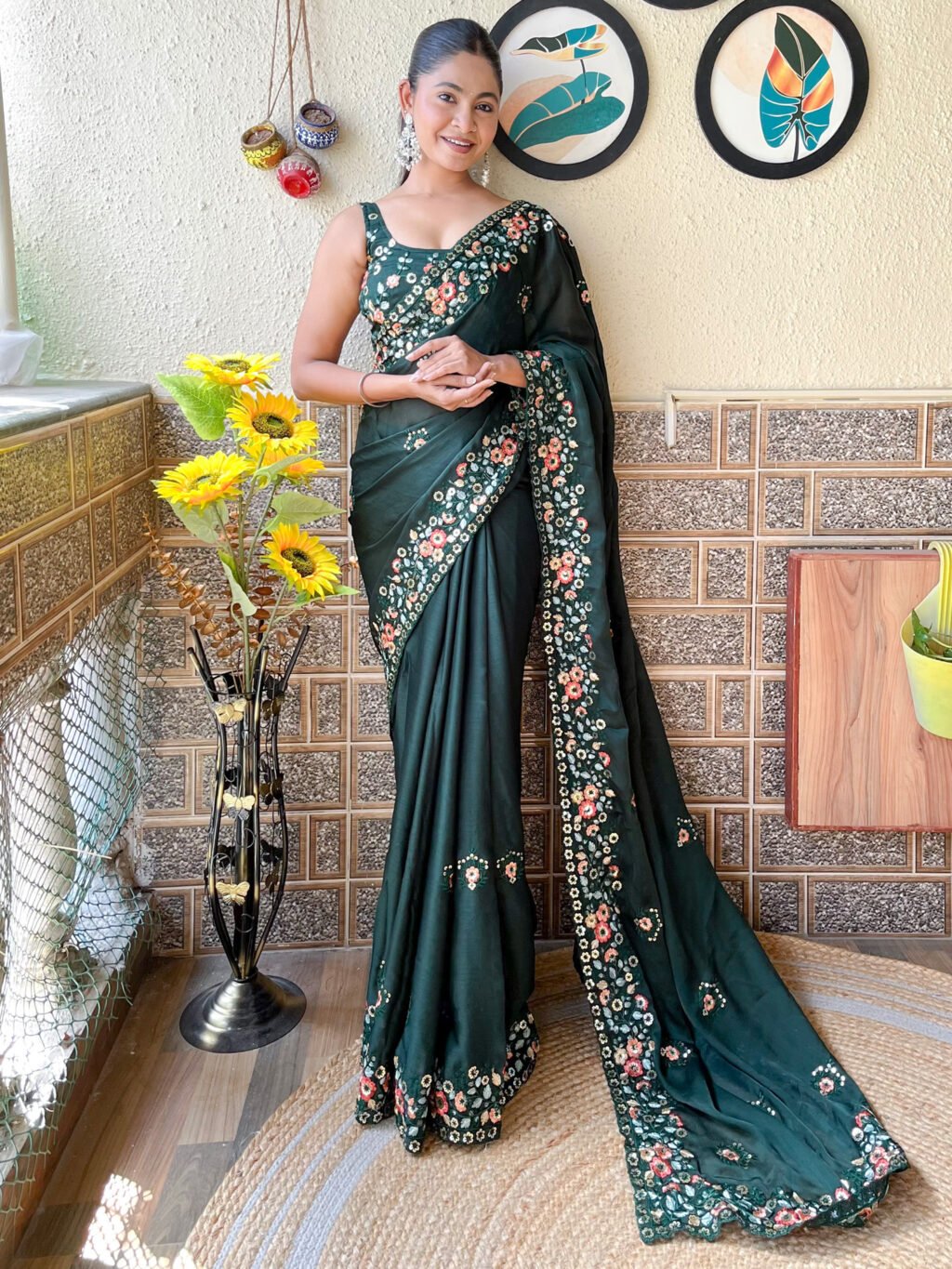 Heritage Green Sheer Chiffon Floral Motifs Exclusive Saree - Chiffon Saree