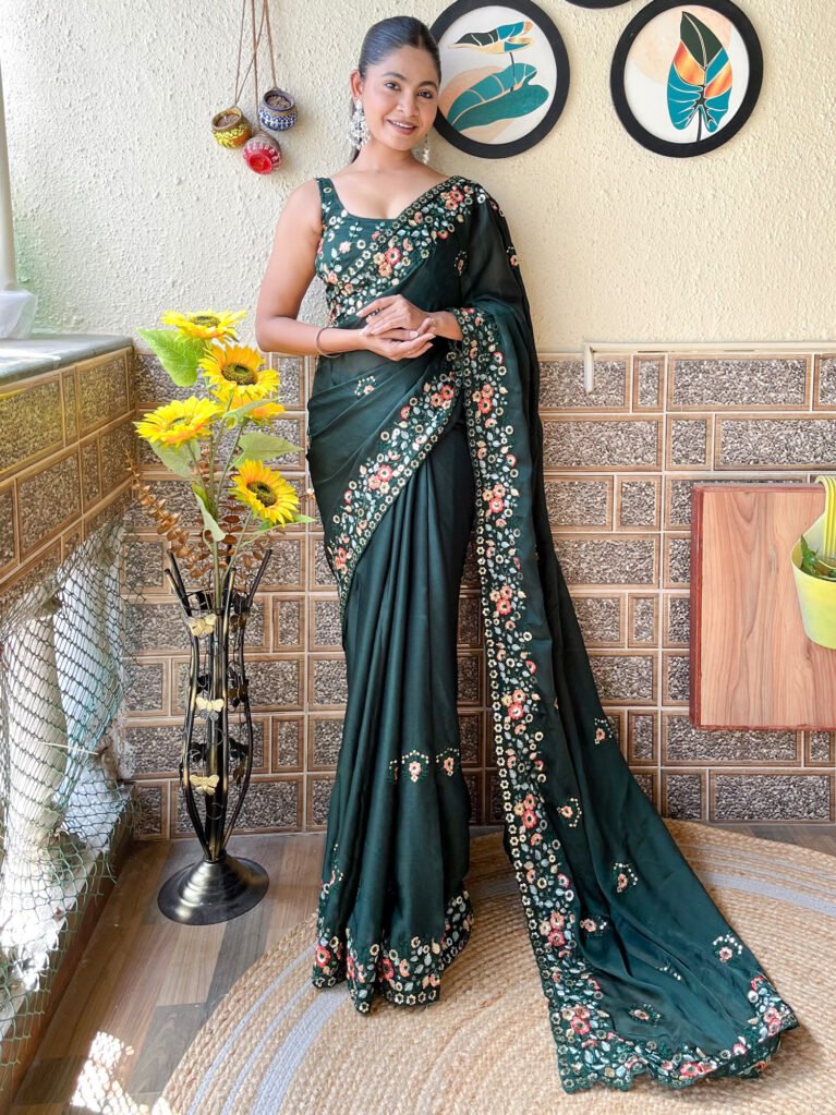 Heritage Green Sheer Chiffon Floral Motifs Exclusive Saree - Chiffon Saree