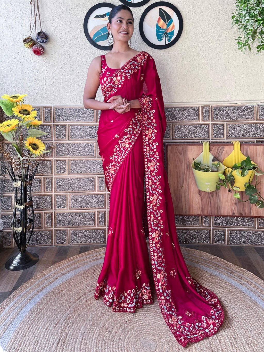 Graceful Pink Sheer Chiffon Floral Motifs Saree - Chiffon Saree