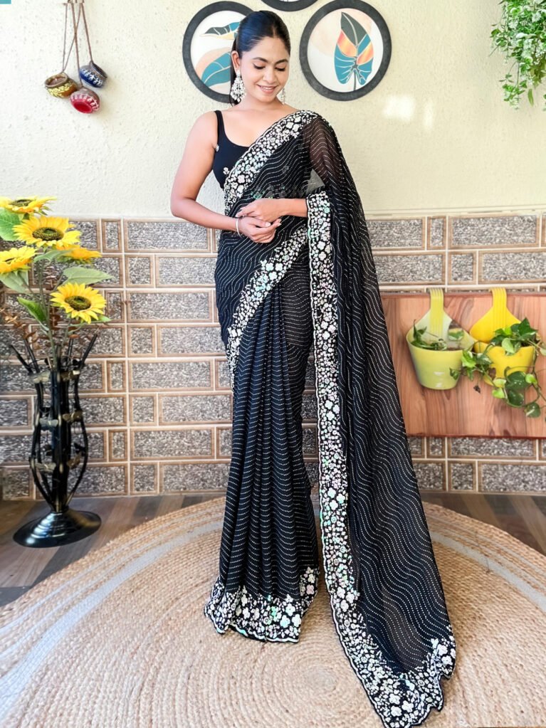 Exquisite Black Flowing Georgette Sequins Embellished Exclusive Saree - Georgette Saree
