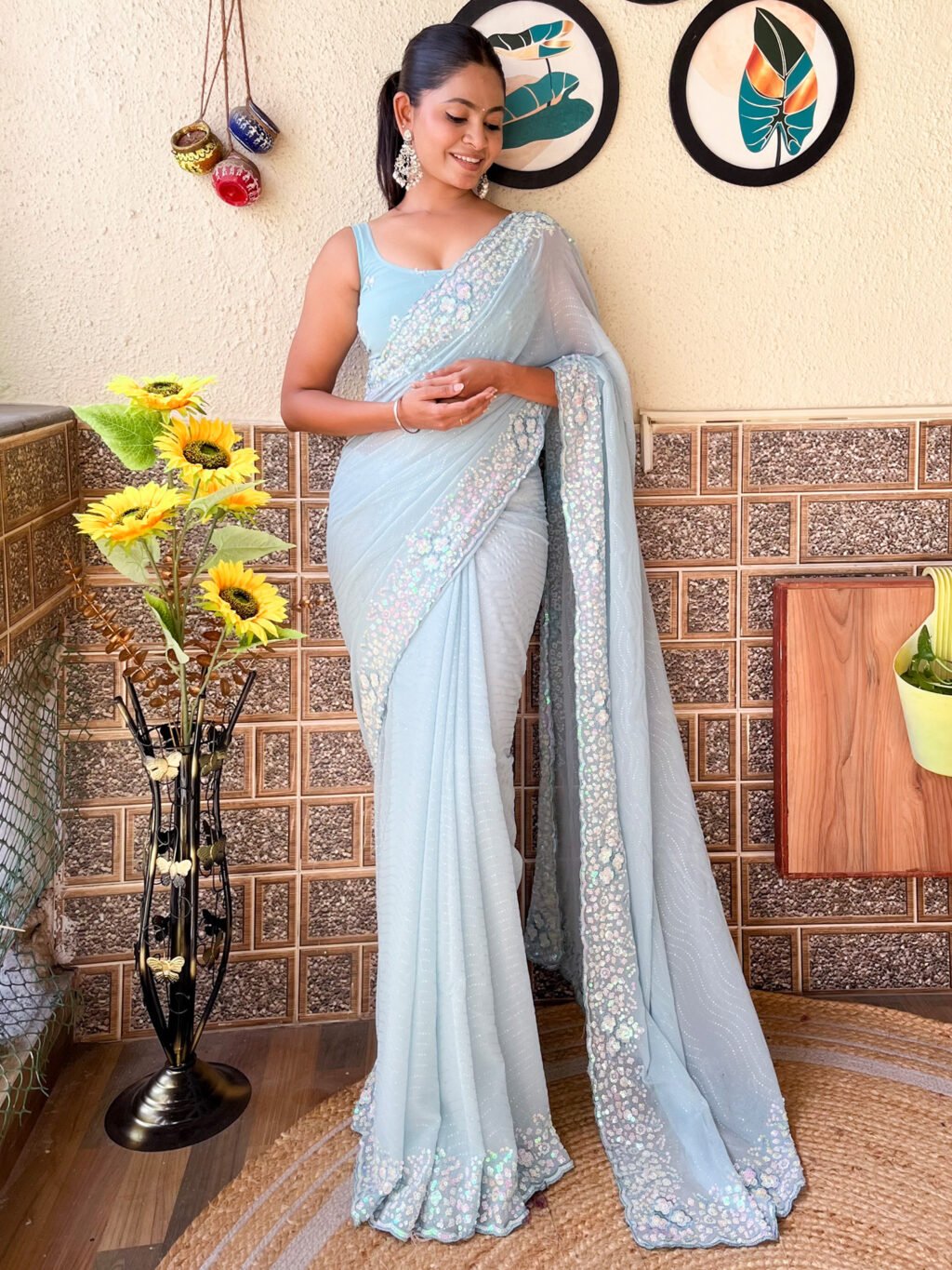 Regal Light Blue Flowing Georgette Sequins Embellished Saree - Georgette Saree