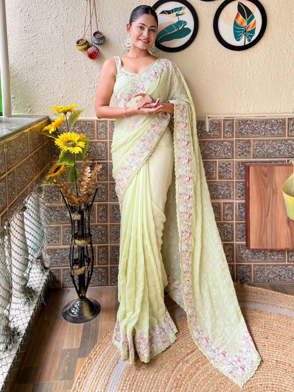 Designer Light Green Georgette Sequins Saree - Georgette Saree