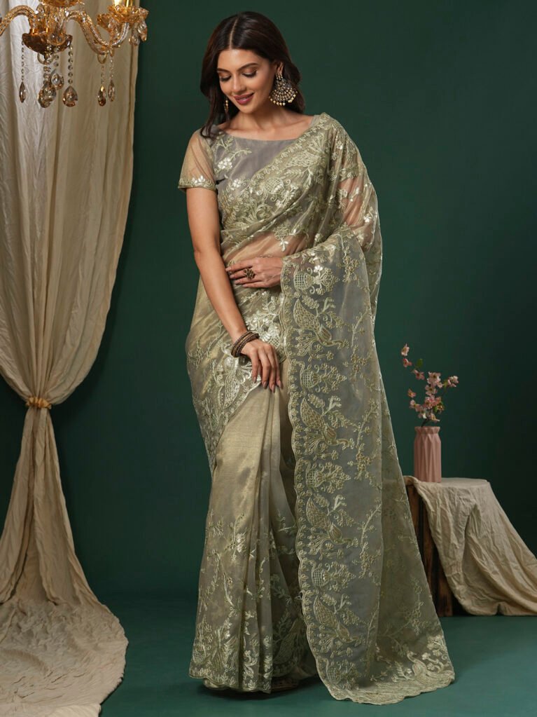 Regal olive OrganzaPartywear Saree - Organza Saree
