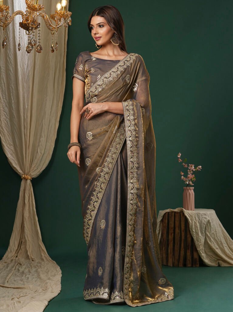 Bronze Organza Floral Saree - Sarees