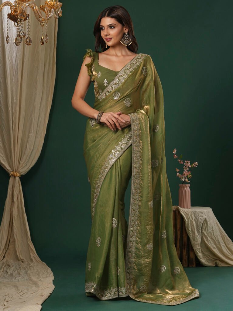 Light Green Organza Floral Saree - Sarees