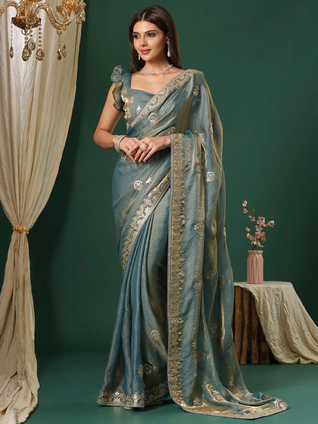 Teal Blue Organza Floral Saree - Sarees