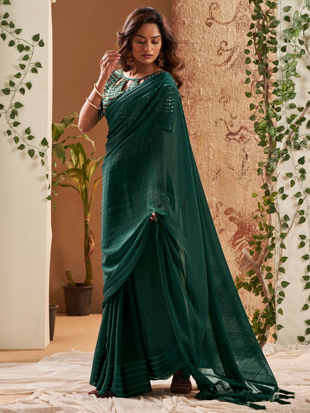 Indriya Green Georgette Sequins Saree - Georgette Saree