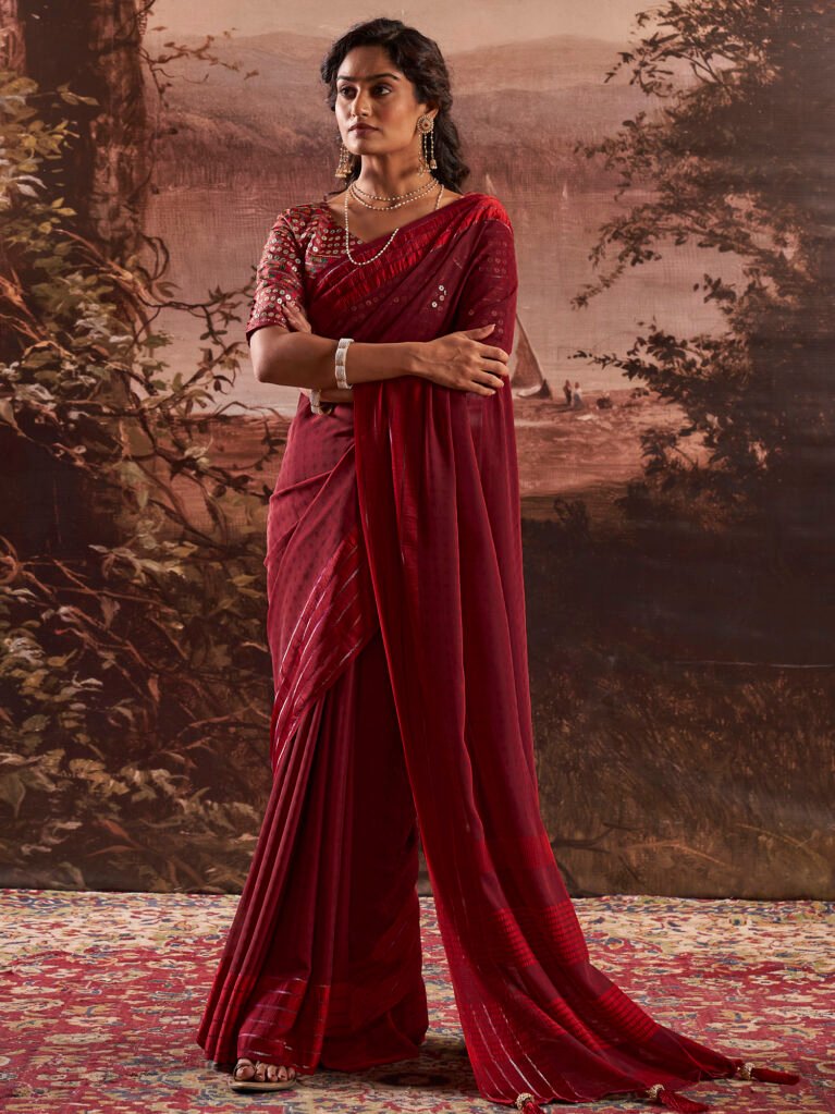 Elegant Maroon Georgette Sequins Saree - Georgette Saree