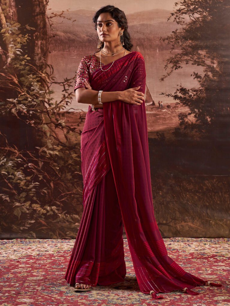 Pink Flowing Georgette Sequins Saree - Georgette Saree