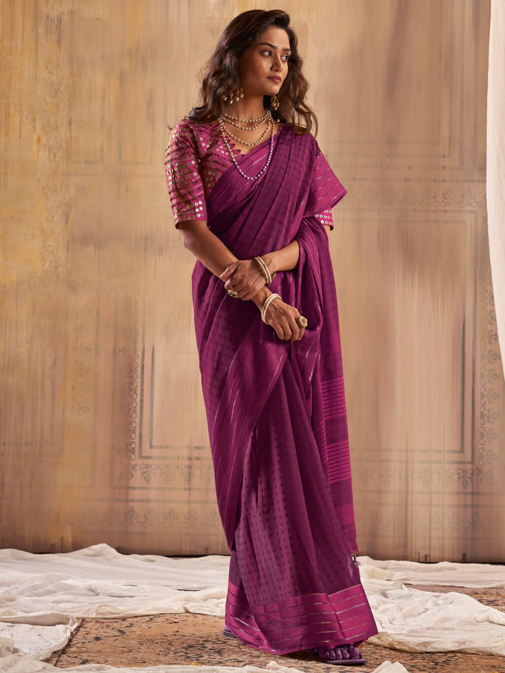 Regal Magenta Georgette Sequins Saree - Georgette Saree