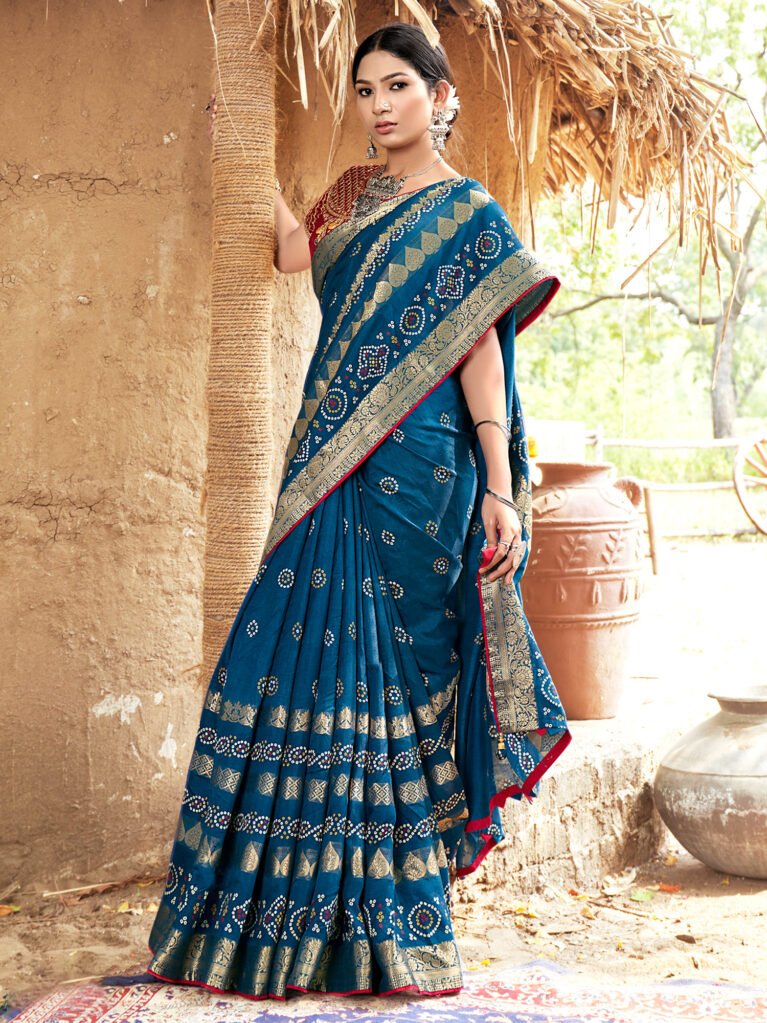 Teal Blue Designer Bandhani Georgette Saree - Sarees