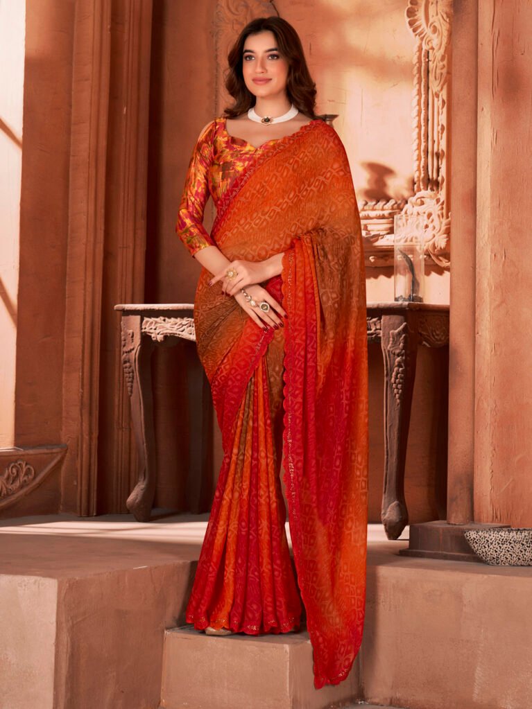 Red Flowing Georgette Printed Saree - Printed Saree