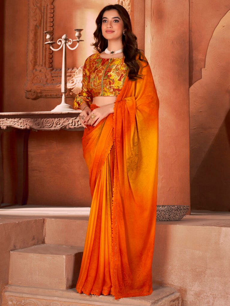 Orange Flowing Georgette Sequins Printed Saree - Printed Saree