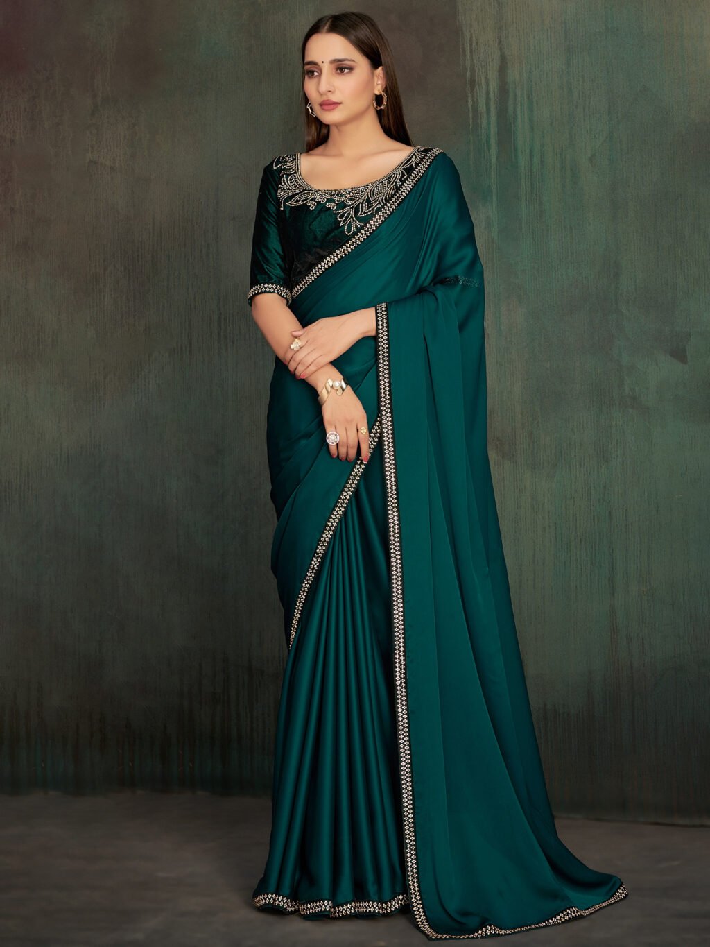 Regal Teal Blue Sheer Chiffon Floral Motifs Saree - Chiffon Saree