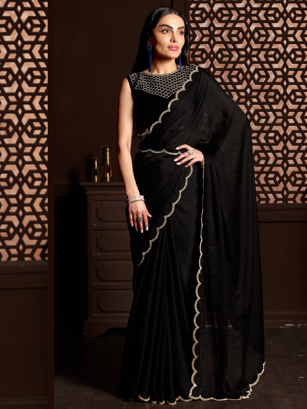 Radiant Black Sheer Chiffon Floral Motifs Saree - Chiffon Saree
