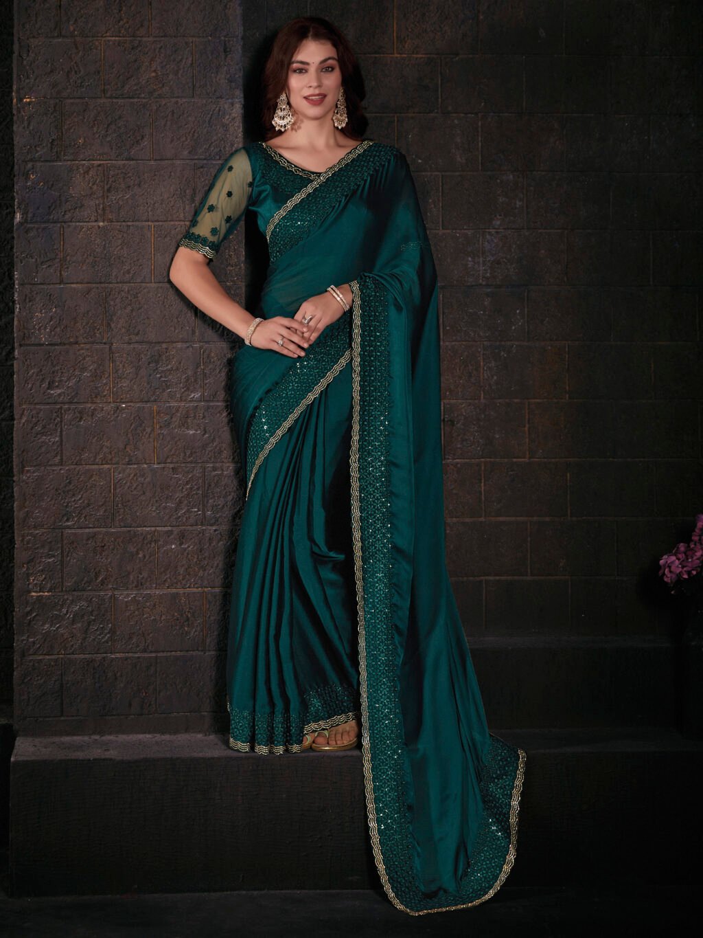 Regal Teal green Sheer Chiffon Lightweight Weave Saree - Chiffon Saree