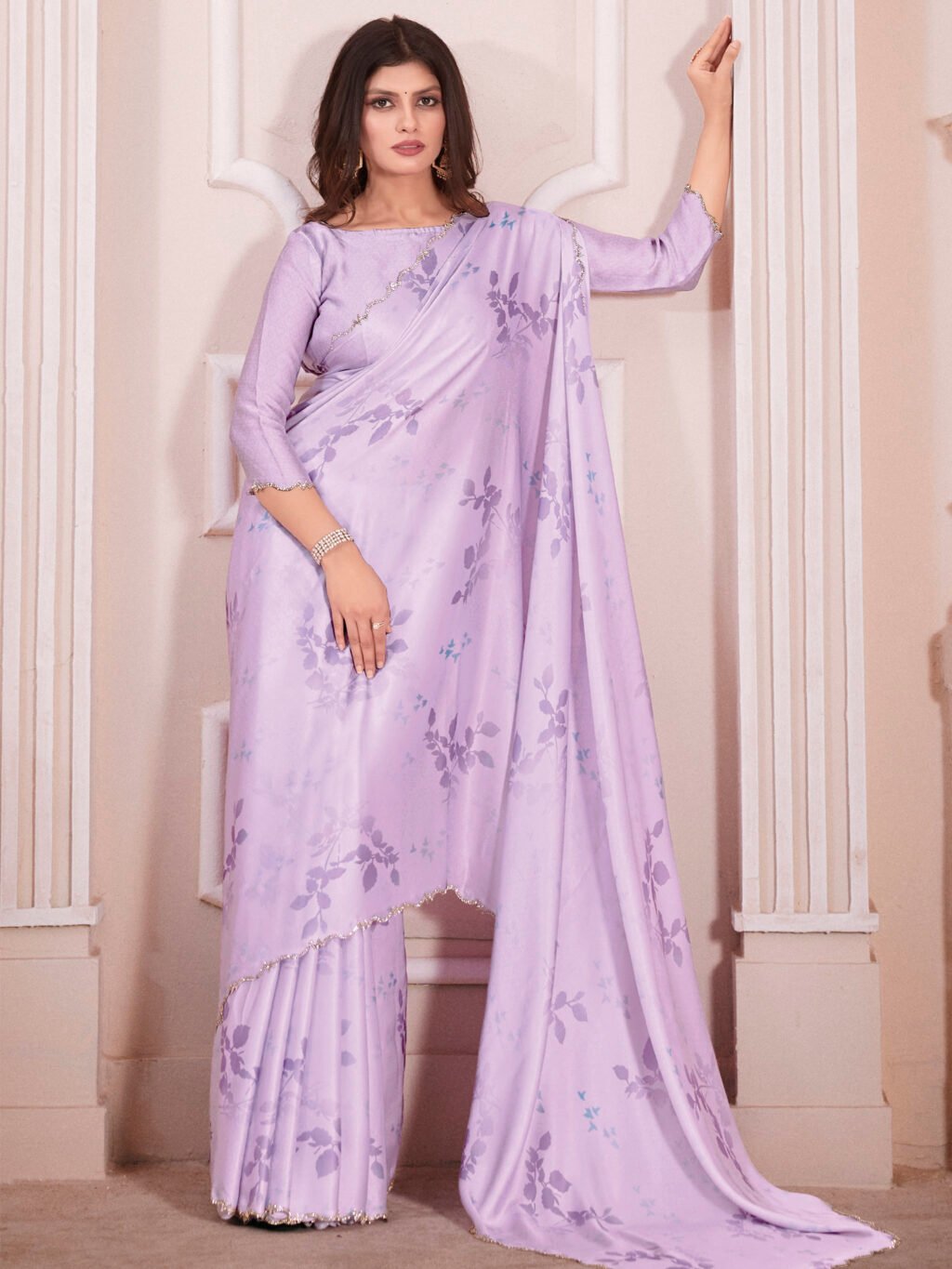 Graceful Lavendar Satin Floral Motifs Saree - Sarees
