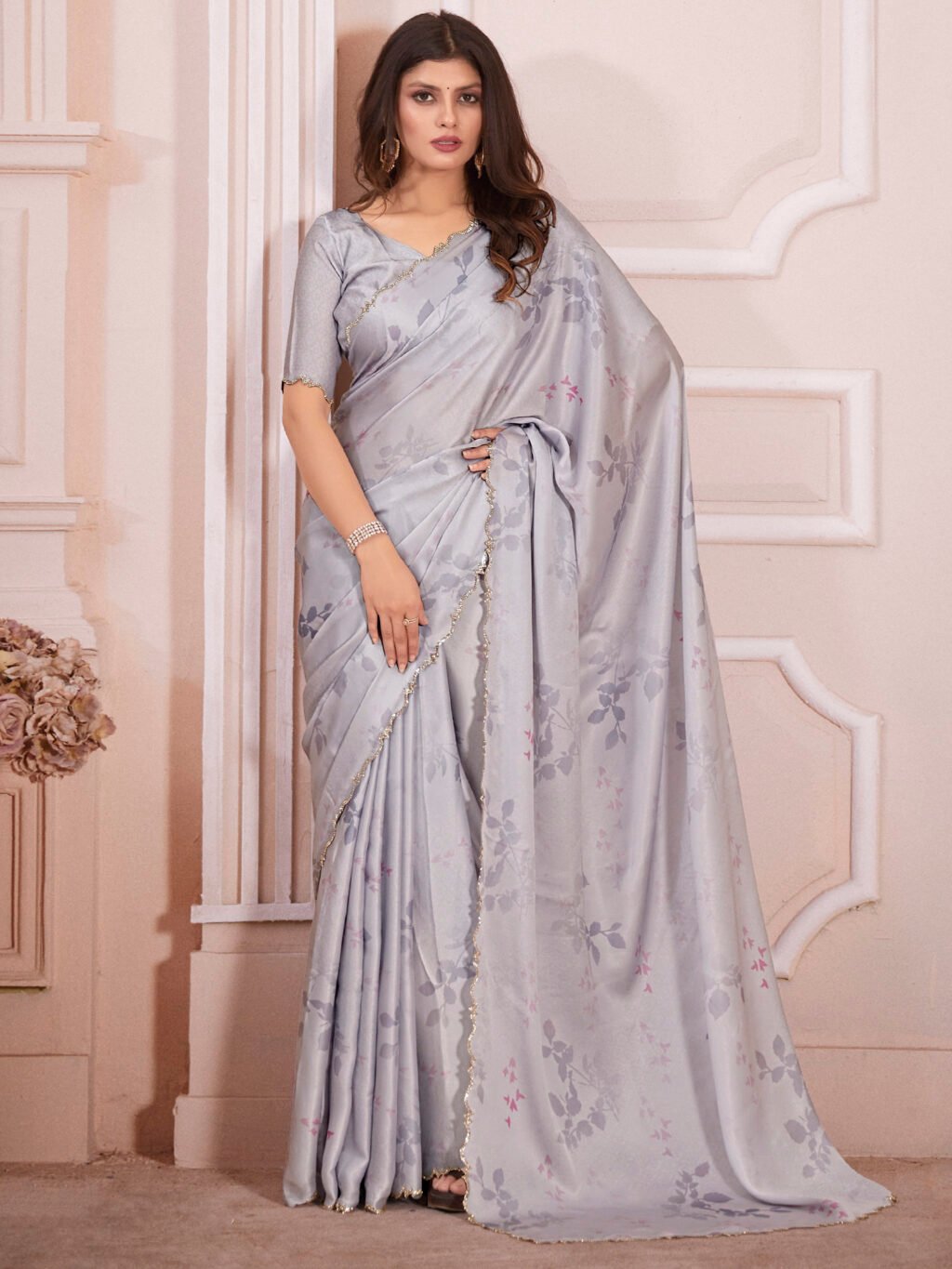 Graceful Grey Satin Digital Print Saree - Sarees