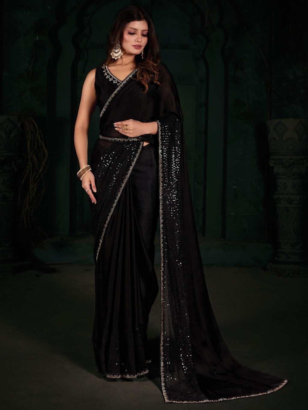 Radiant Black Sheer Chiffon Floral Motifs Exclusive Saree - Chiffon Saree