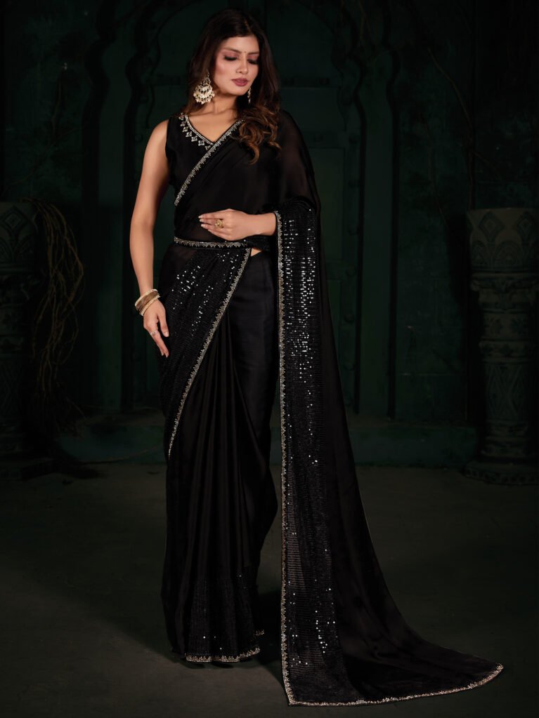 Radiant Black Sheer Chiffon Floral Motifs Exclusive Saree - Chiffon Saree