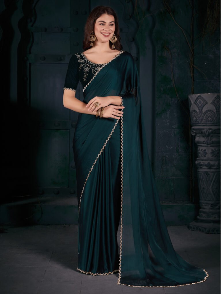 Elegant Teal Blue Sheer Chiffon Floral Motifs Exclusive Saree - Chiffon Saree