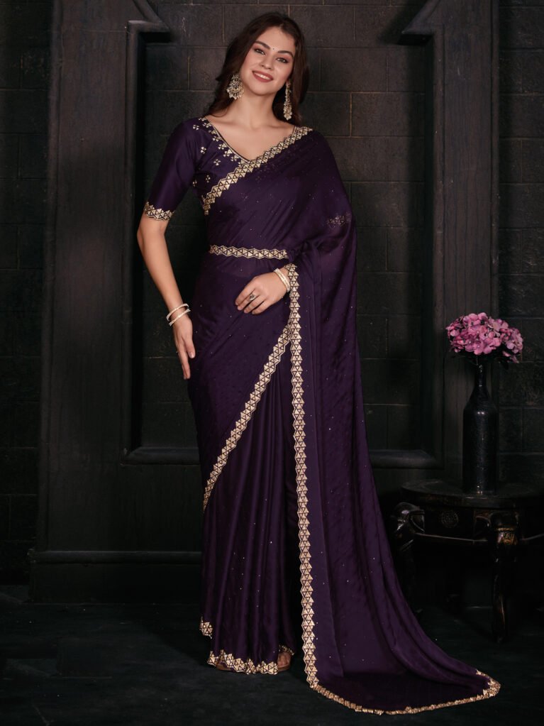 Opulent Purple Satin Floral Motifs Saree - Sarees