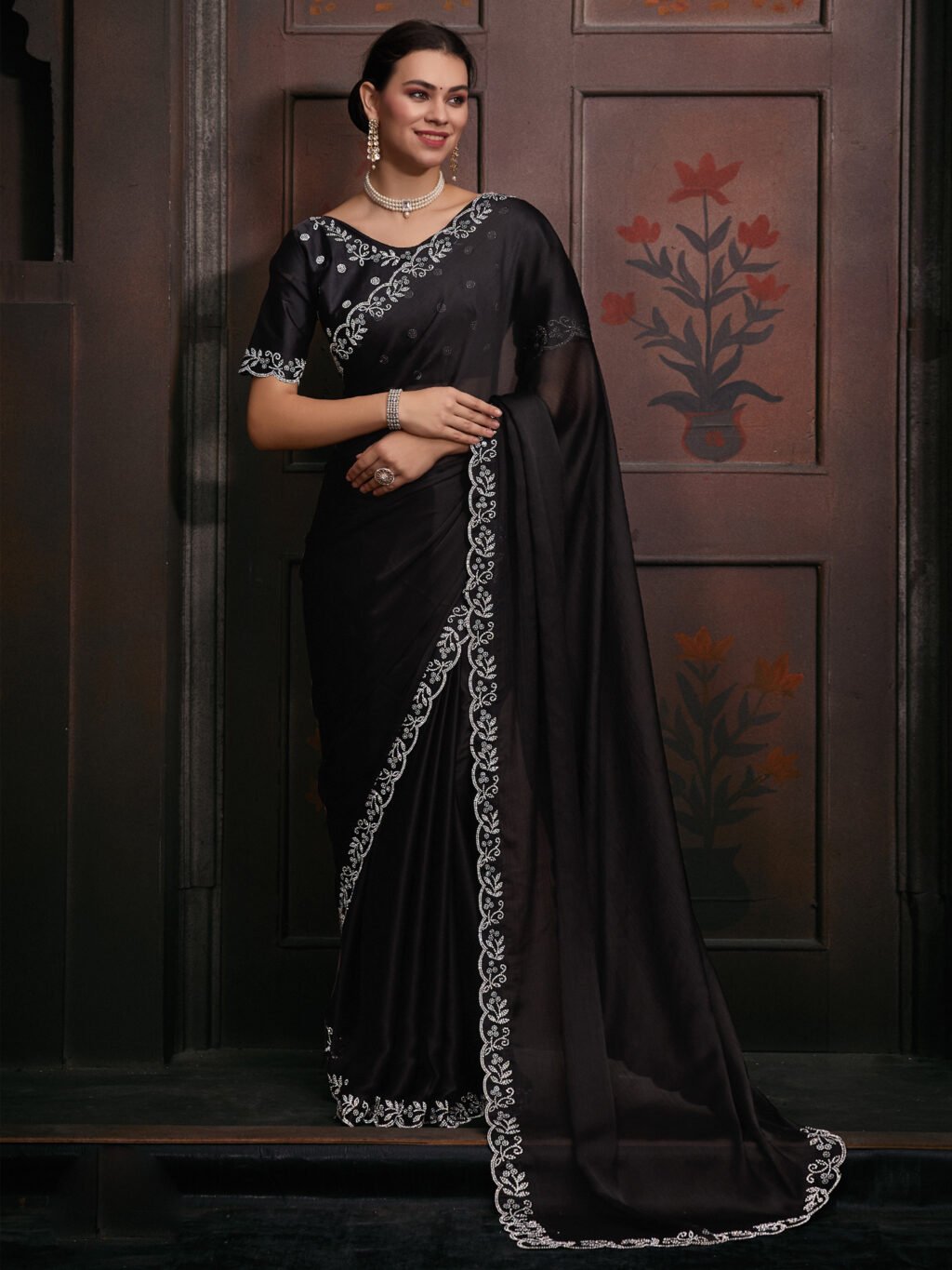 Exquisite Black Sheer Chiffon Floral Motifs Saree - Chiffon Saree