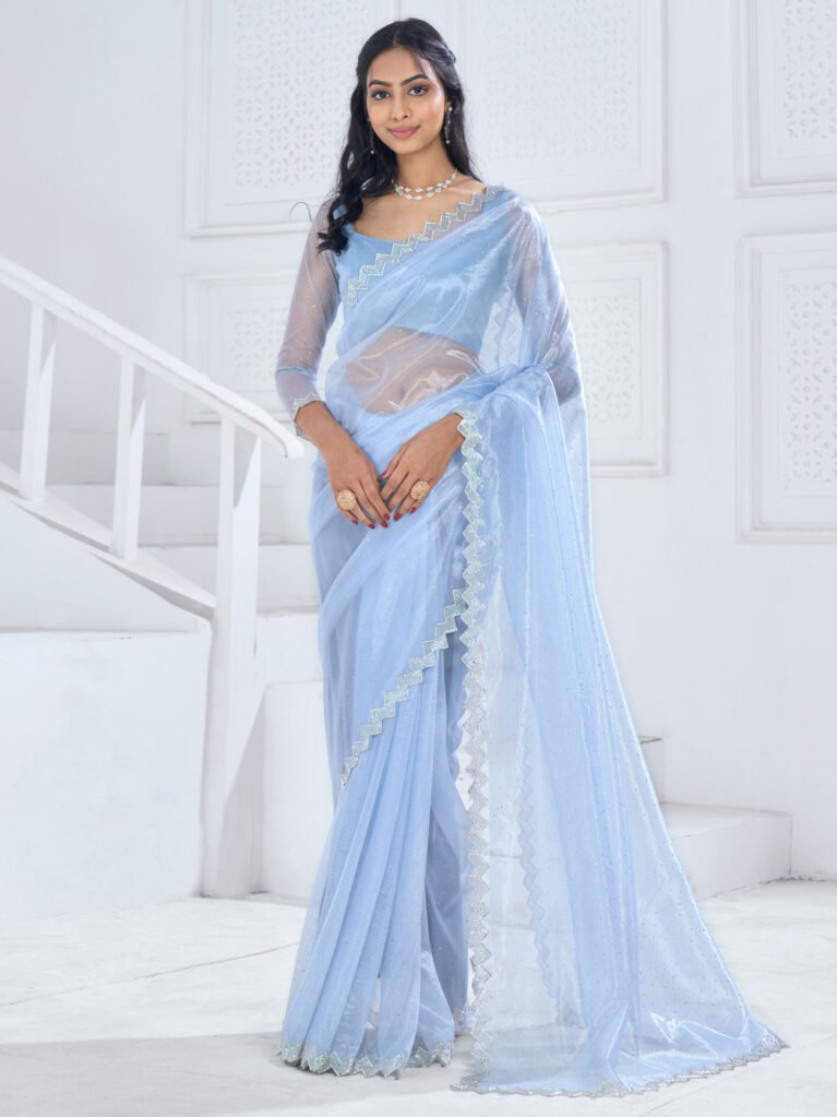 Light Blue Organza Designer Stone Saree - Organza Saree