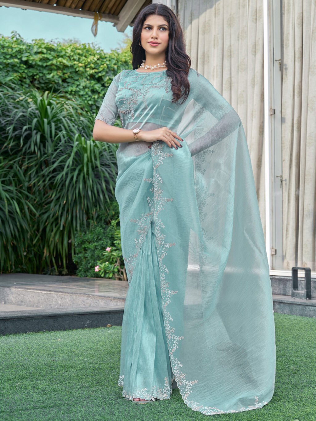Graceful Light Blue Organza Sheer Embroidery Saree - Organza Saree