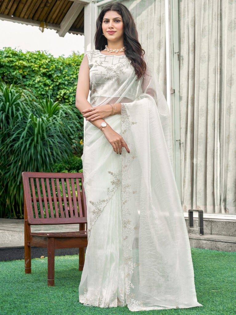 Heritage Off White Organza Sheer Embroidery Saree - Organza Saree