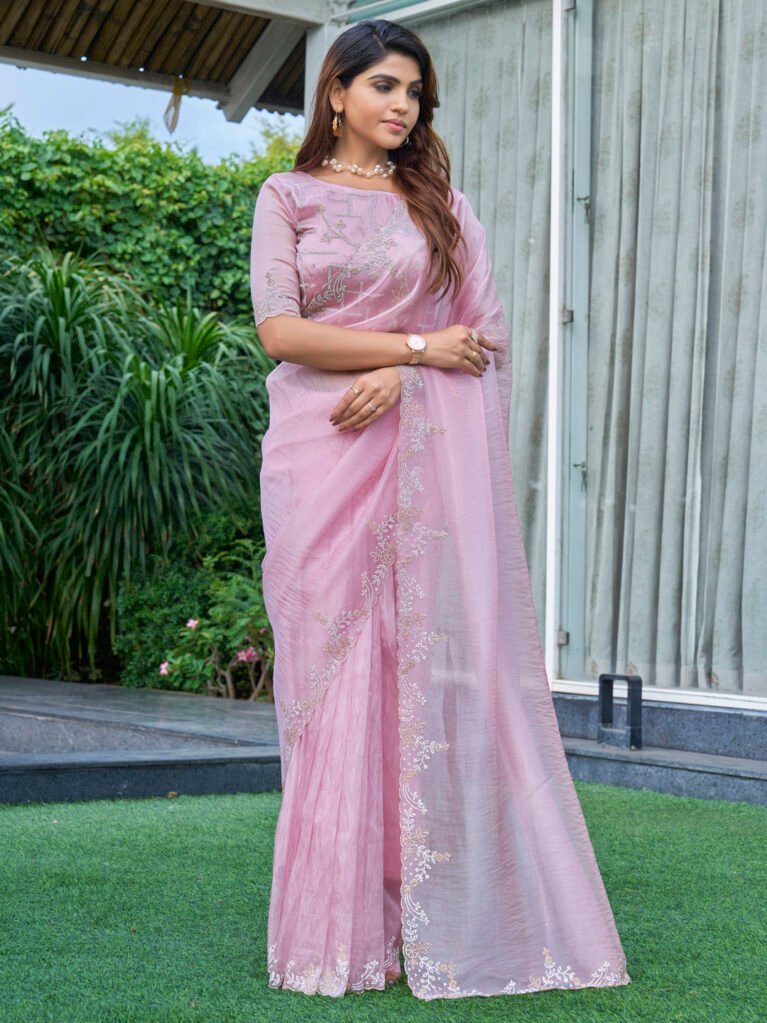 Exquisite Pink Organza Sheer Embroidery Saree - Organza Saree