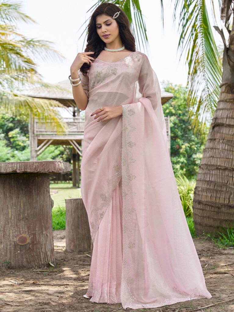 Opulent Pink Organza Designer Stone Saree - Organza Saree