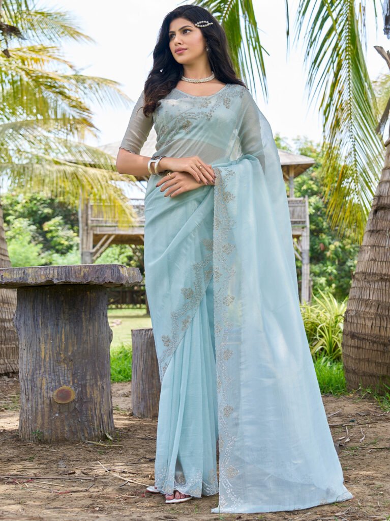 Graceful Light Blue Organza Designer Stone Saree - Organza Saree