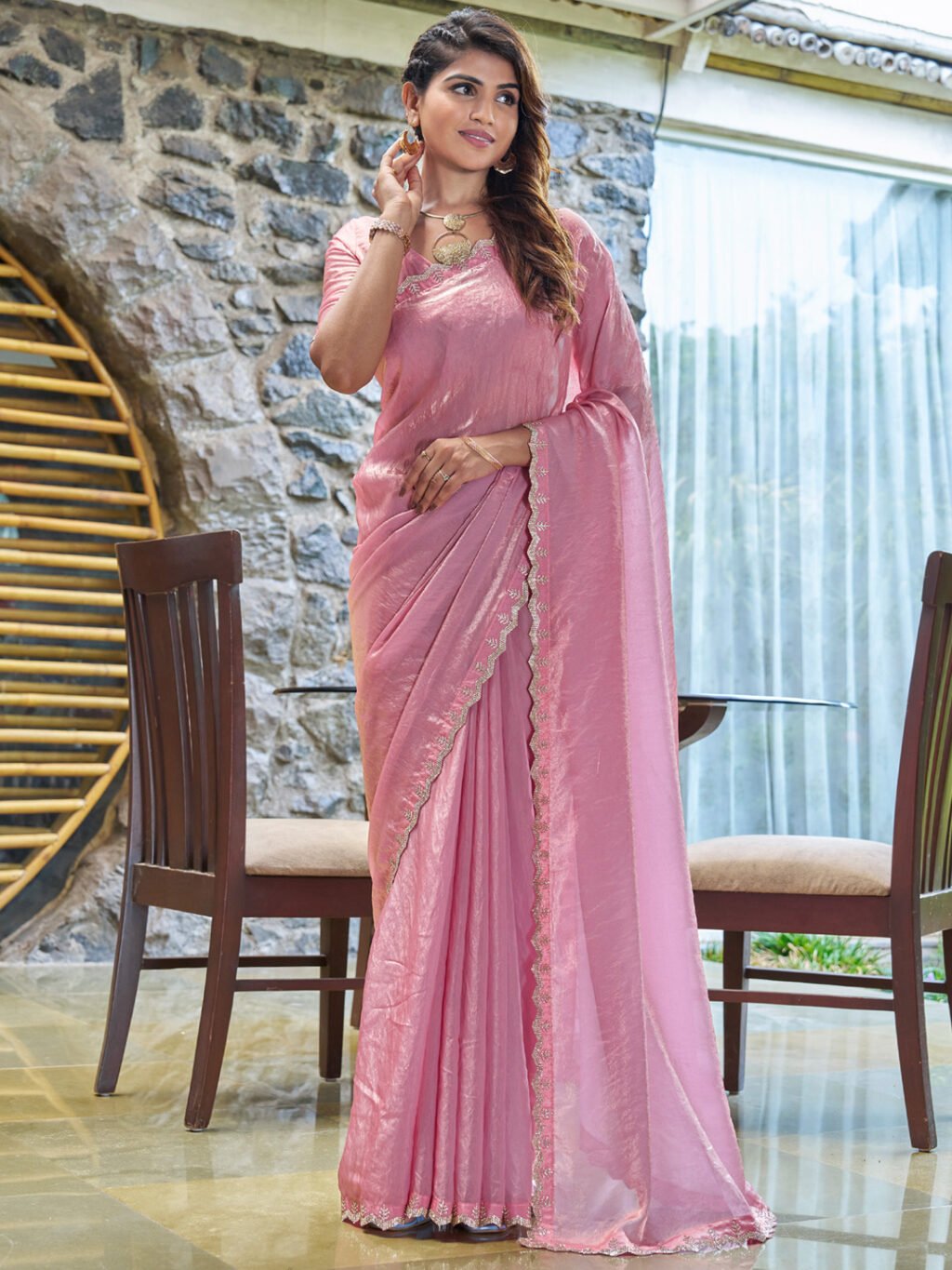 Regal Pink Sheer Chiffon Floral Motifs Exclusive Saree - Chiffon Saree