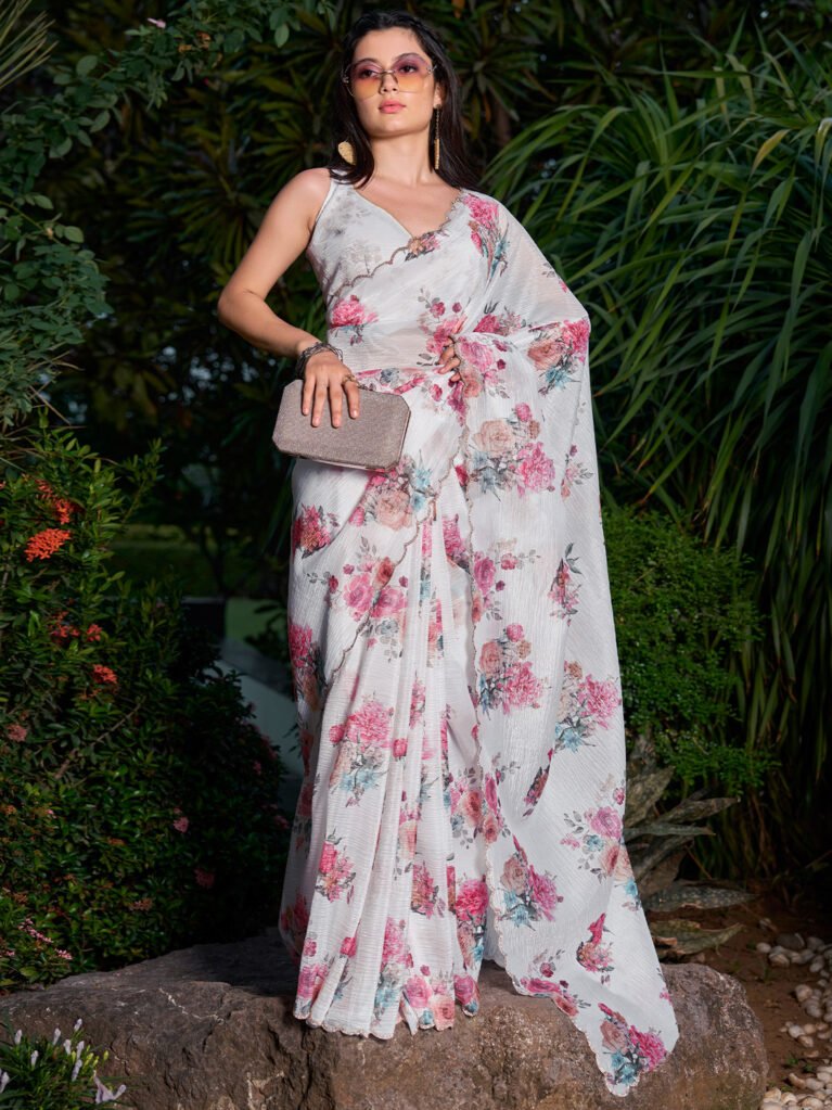 White Designer Organza Saree - Organza Saree