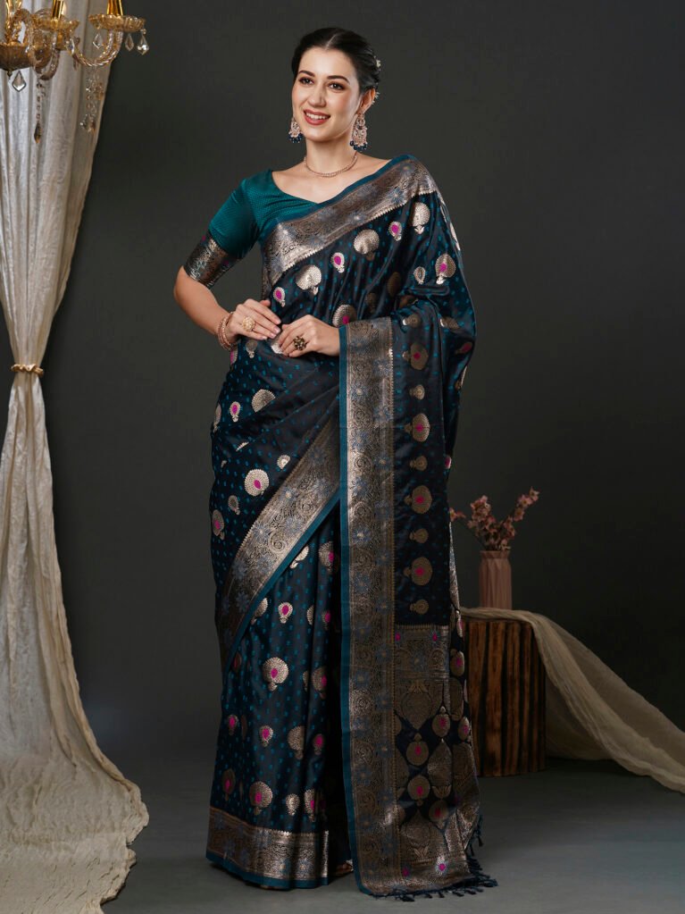 Heritage Teal Blue Banarasi Silk Saree - Sarees