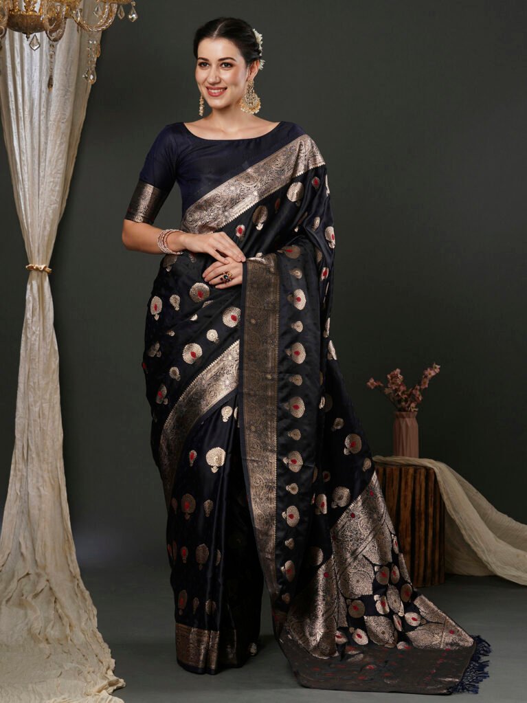 Opulent Navy Blue Banarasi Silk Saree - Sarees