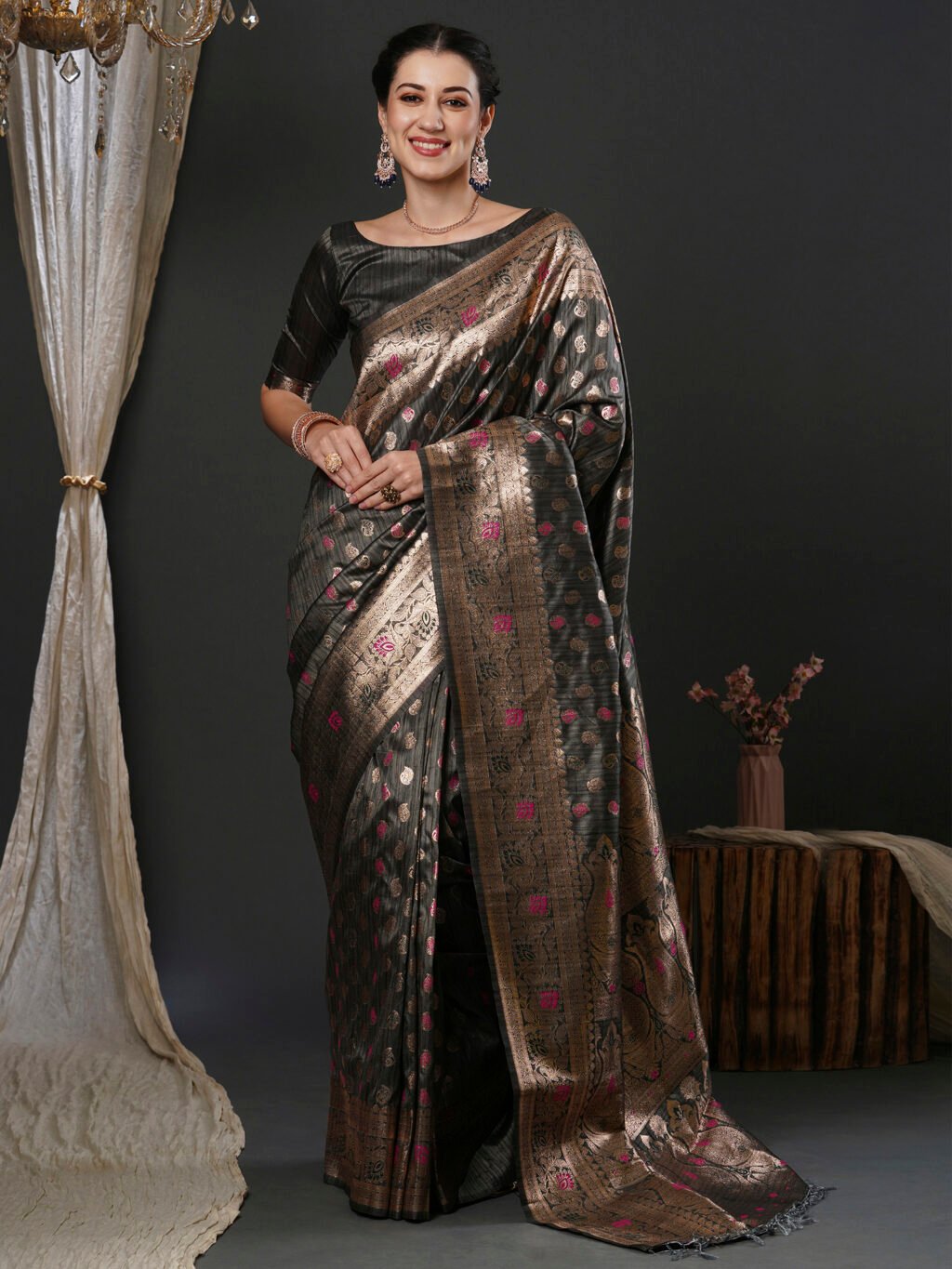Opulent Grey Banarasi Silk Saree - Sarees