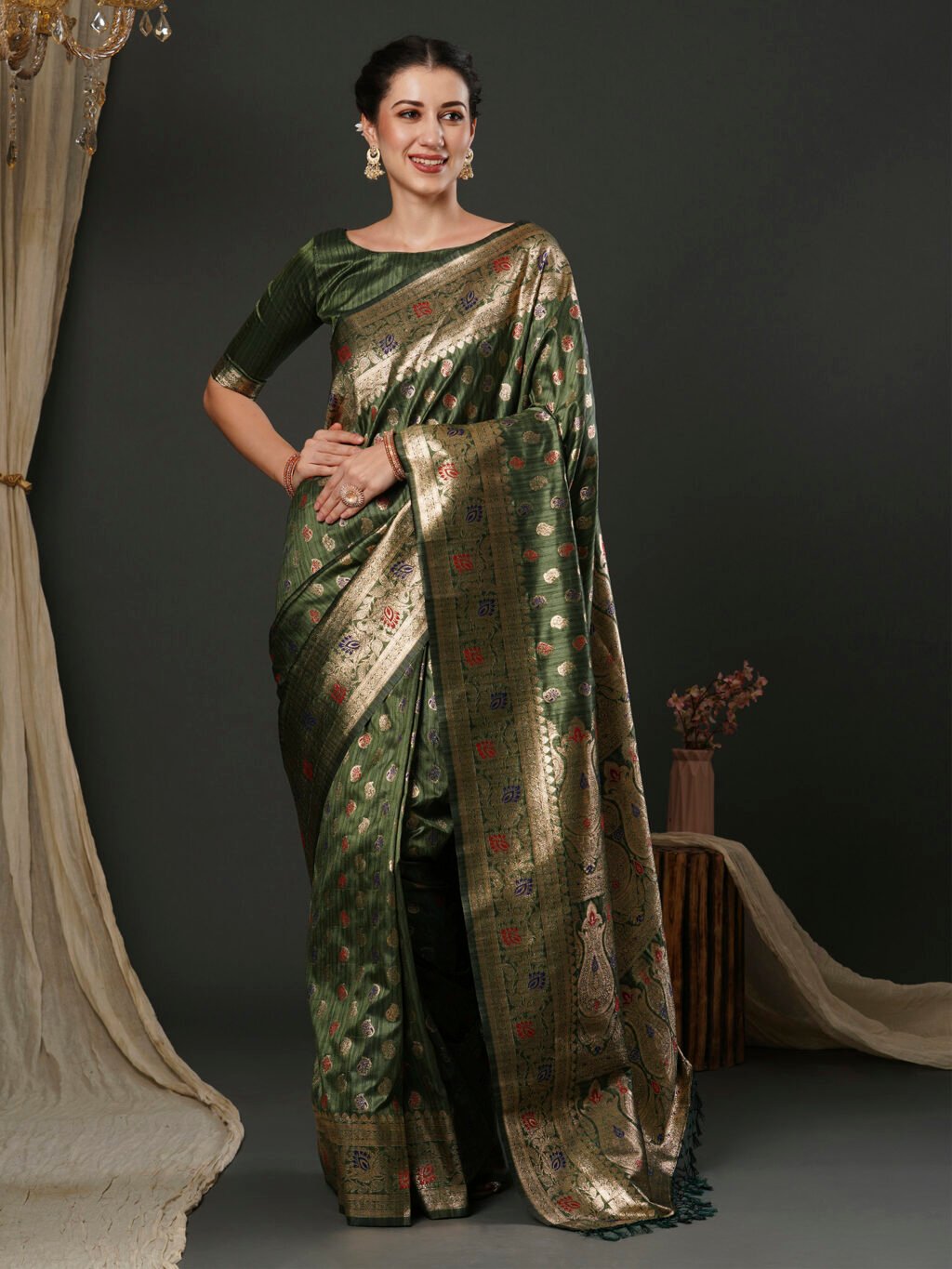 Exquisite Olive Banarasi Silk Saree - Sarees