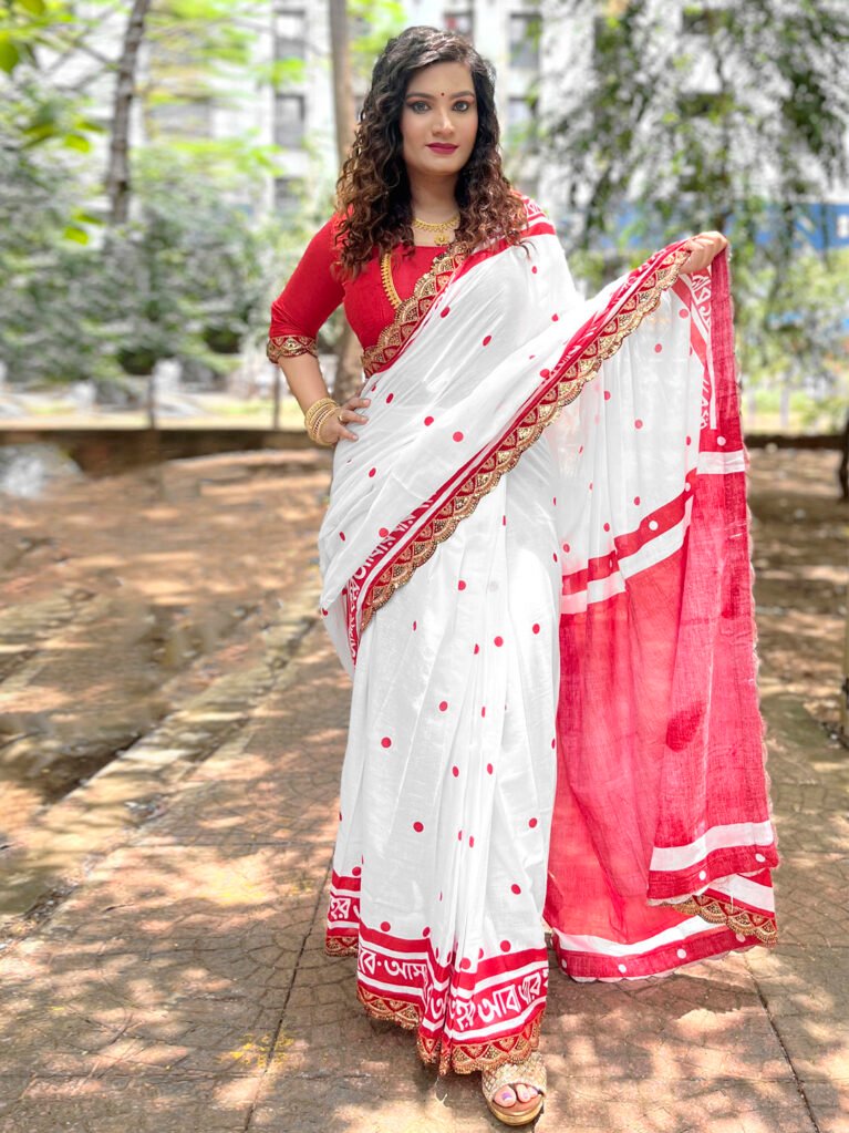 White Designer Cotton Saree - Cotton Linen Saree