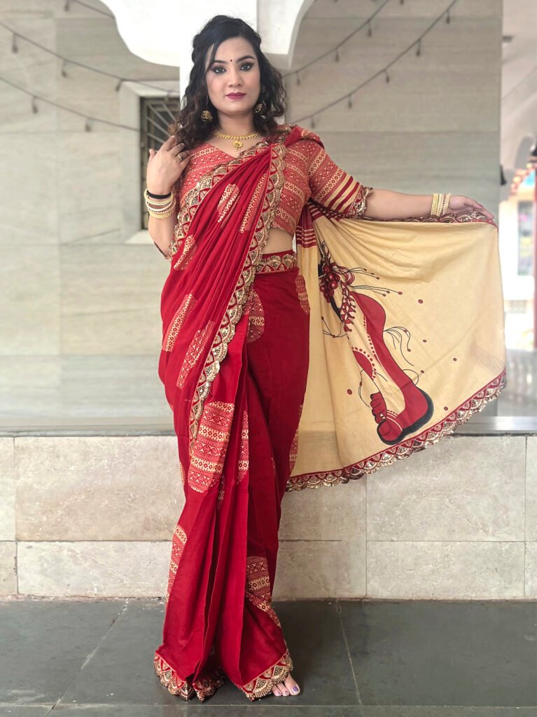 Red Designer Cotton Saree - Cotton Linen Saree
