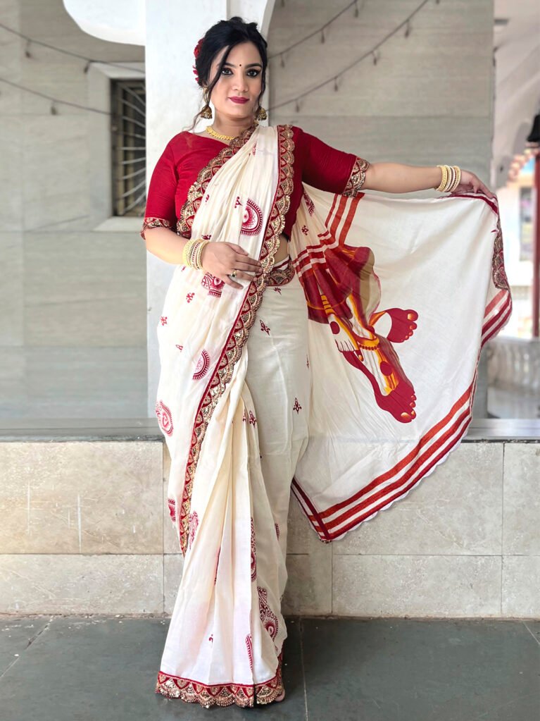 Off White Designer Cotton Saree - Cotton Linen Saree